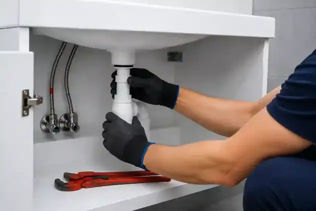 Profissional realizando Desentupimento de Pia de Cozinha e Banheiro em Blumenau