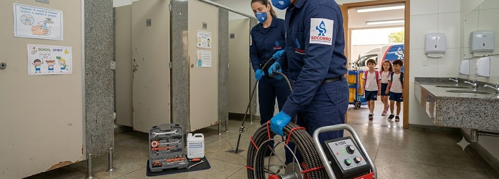 Profissional realizando Desentupimento e Manutenção Preventiva para Escolas, Colégios e Creches em Blumenau