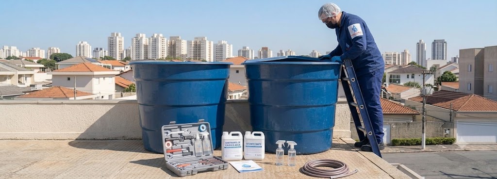 Profissional realizando Imunização e Desinfecção Bacteriológica de Caixas D'água em Blumenau