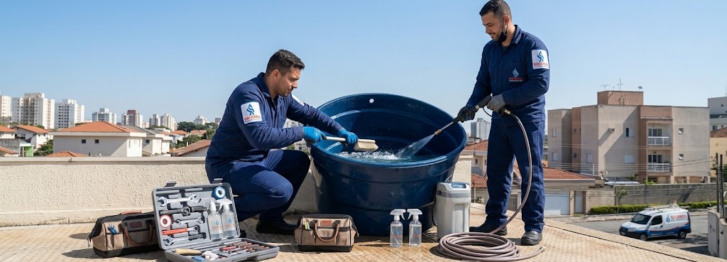 Profissional realizando Limpeza e Higienização de Caixas D'água em Blumenau